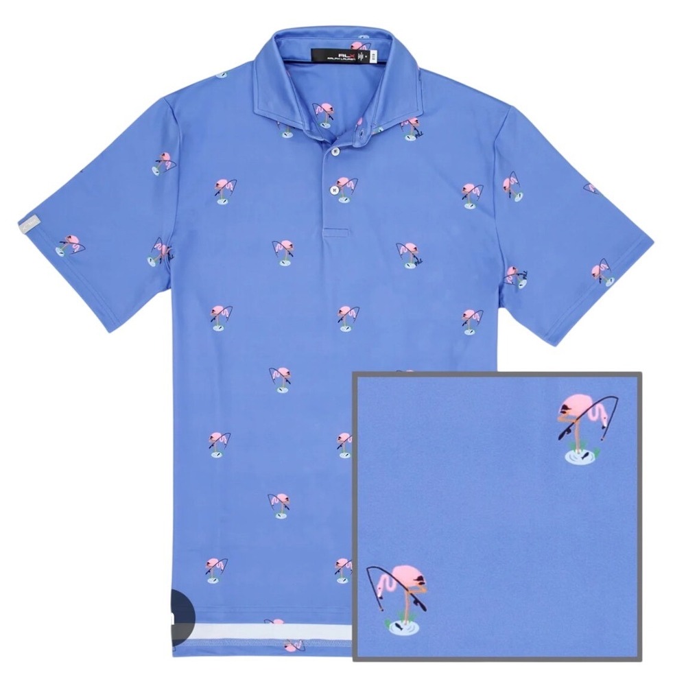 RLX Ralph Lauren Mens Blue‎ Flamingo Fishing Print Airflow Golf Polo Shirt L